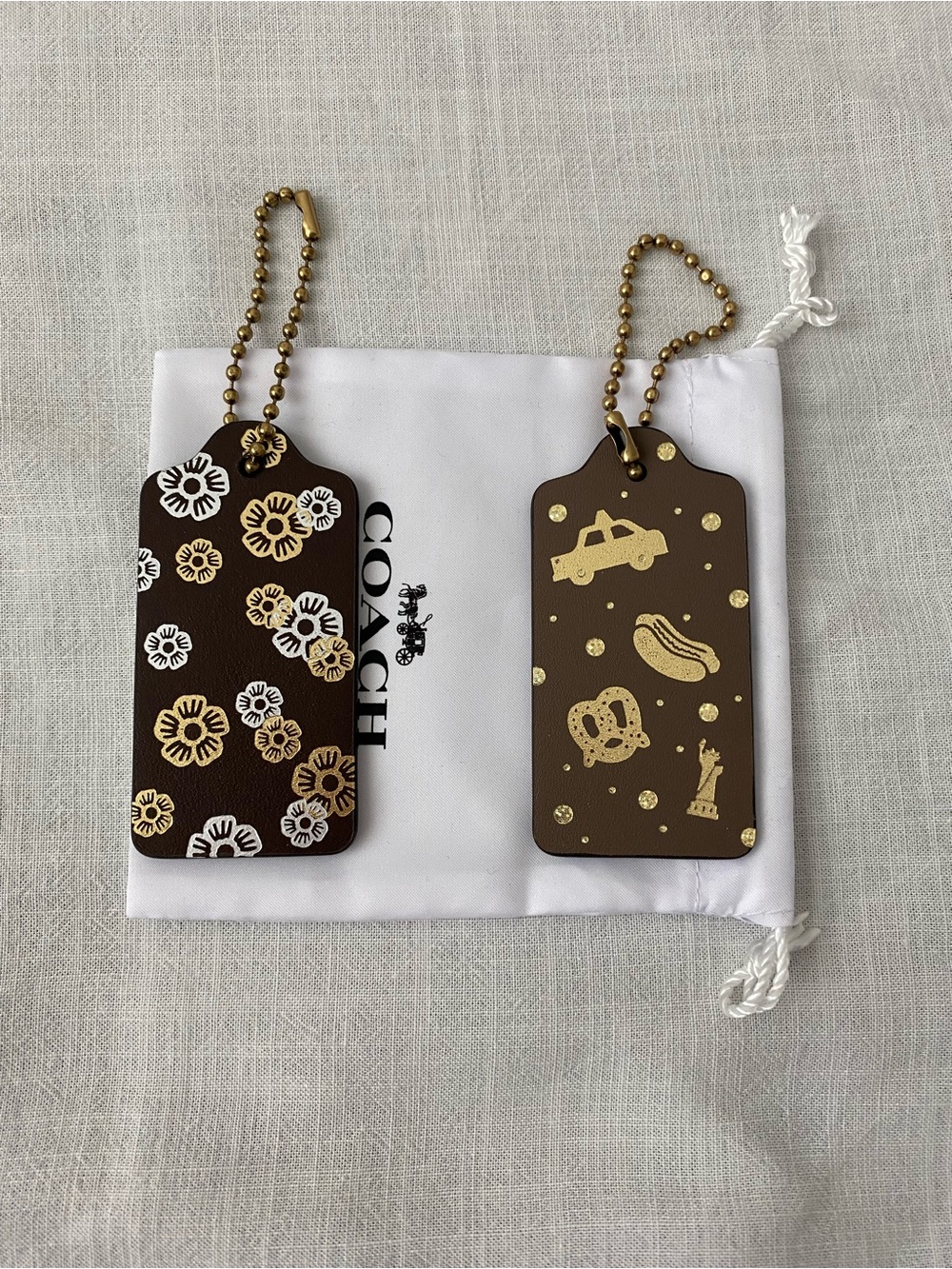 Coach Large Hangtags in Maple and Dark Stone w custom floral and NYC motif print